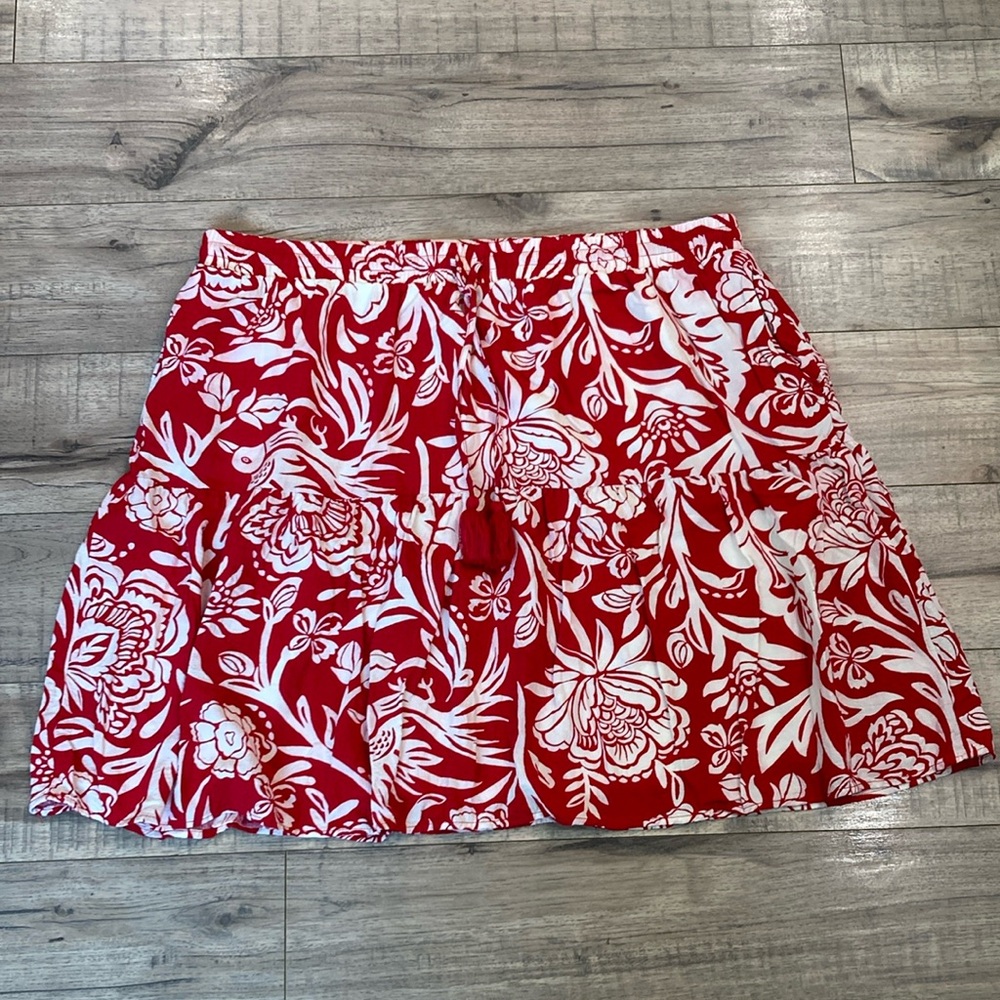 Knox Rose Red Otomi Floral Print Tiered A Line Tropical Skirt XL (P32)